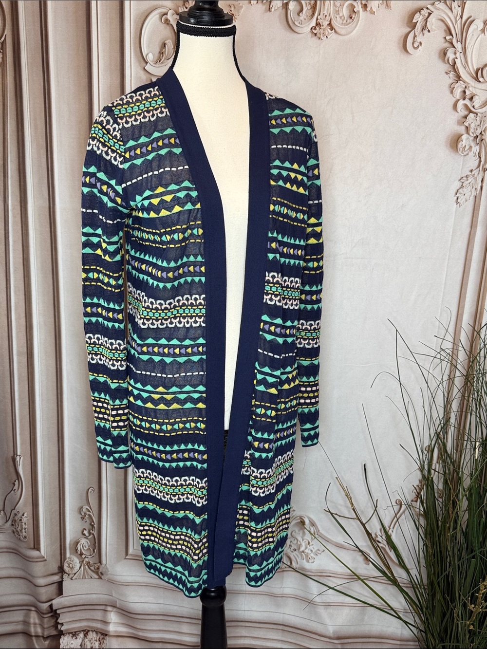 M by Missoni Navy Geometric-Print Open Cardigan with Teal and Yellow Accents